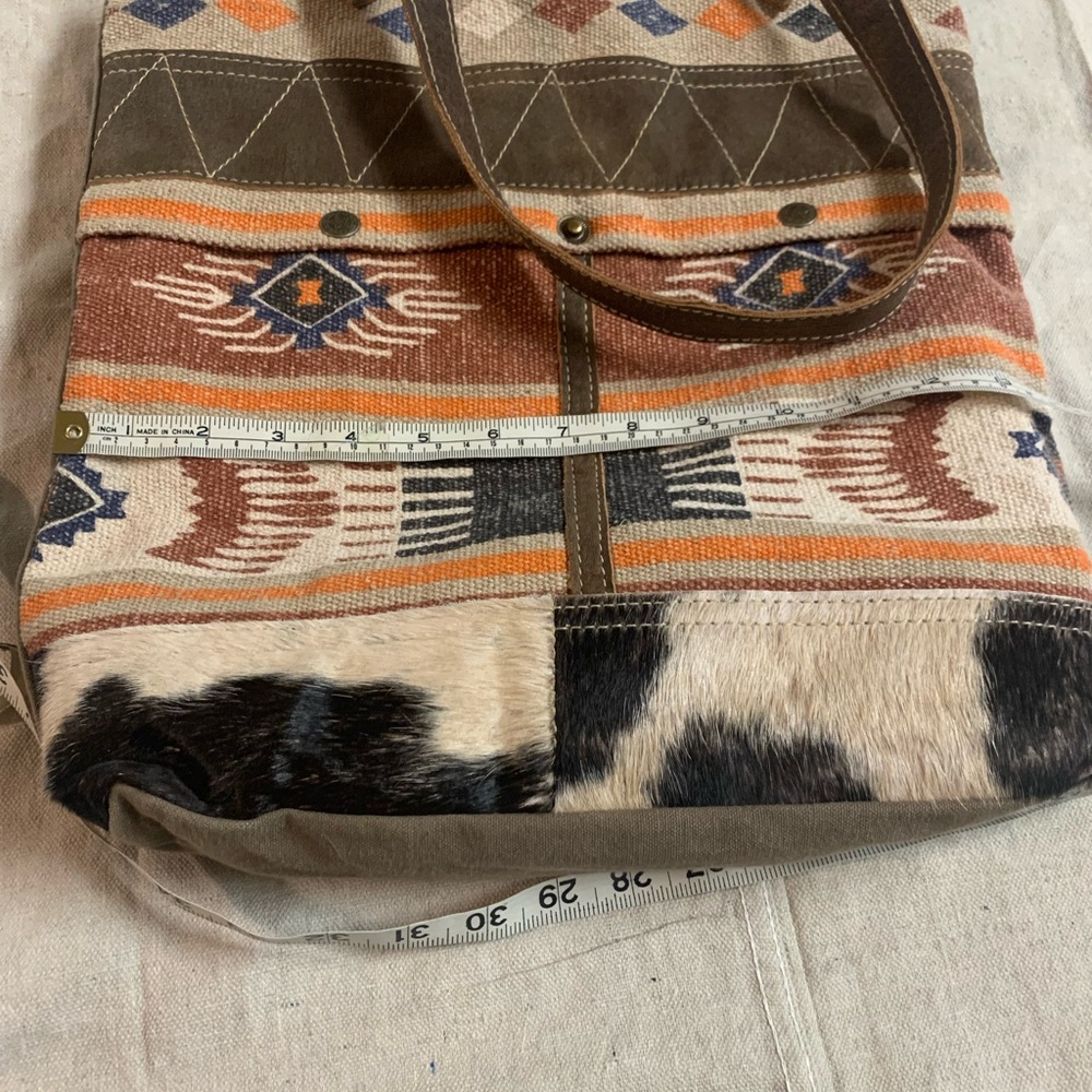 Hopofly Cow Hide Leather and Cotton Tribal Print 15x14 Tote Bag